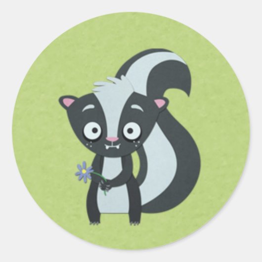 かわいいスカンクと花を緑 ラウンドシール (正面)