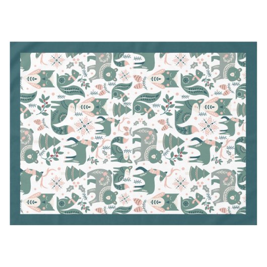 かわいいスカンジナビアの森林地帯の動物の雪片 テーブルクロス (正面(横))