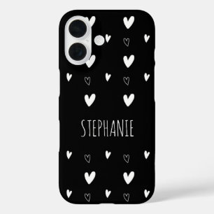 かわいいスカンジナビアハートパターンブラックパーソナライズされた iPhone 16ケース