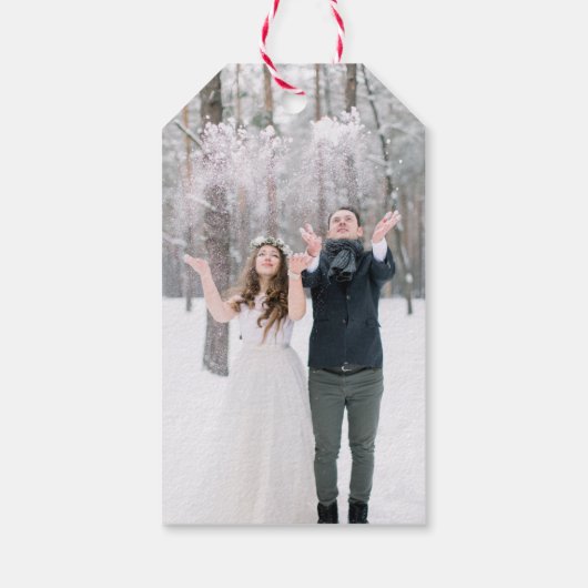 かわいいスキーかわいい冬の結婚式の写真 ギフトタグ (裏面)
