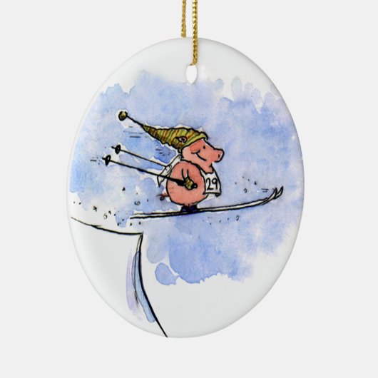 かわいいスキージャンプ豚の冬のホリデークリスマス セラミックオーナメント (右)
