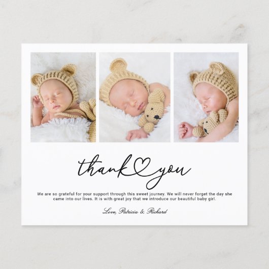 かわいいスクリプト写真予算誕生の発表カード (裏面)