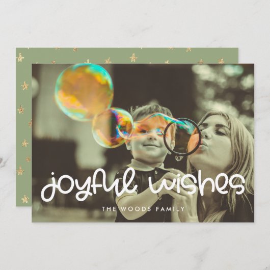 かわいいスクリプト喜びの願い家族の写真クリスマス シーズンカード (正面/裏面)