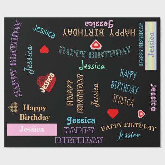 かわいいスクリプト誕生日ガールネームハートブラック ラッピングペーパー (フラット)