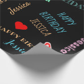 かわいいスクリプト誕生日ガールネームハートブラック ラッピングペーパー (角)