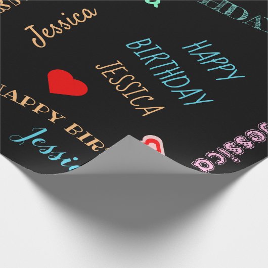 かわいいスクリプト誕生日ガールネームハートブラック ラッピングペーパー (角)