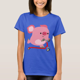 かわいいスクーター乗馬の漫画のブタの女性のティー Tシャツ