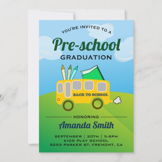 かわいいスクールバスプリスクール卒業招待状 招待状 (正面)
