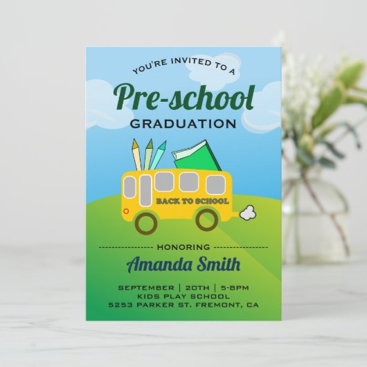 かわいいスクールバスプリスクール卒業招待状 招待状 (スタンド正面)
