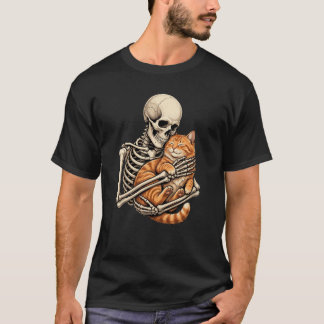 かわいいスケルトンがオレンジの猫を抱きしめるTシャツ - Wholeso Tシャツ