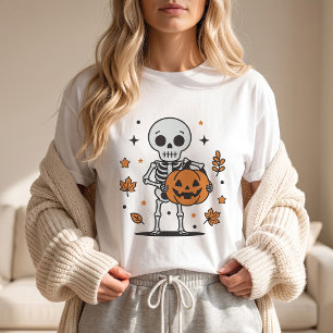 かわいいスケルトンがカボチャを持つハロウィン Tシャツ