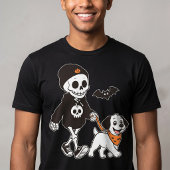 かわいいスケルトンが犬を連れたハロウィン Tシャツ