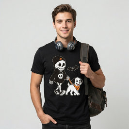 かわいいスケルトンが犬を連れたハロウィン Tシャツ