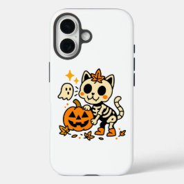 かわいいスケルトンキャットとカボチャ iPhone 16ケース