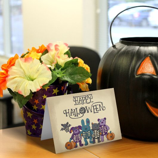 かわいいスケルトン動物とカボチャのハロウィーン カード