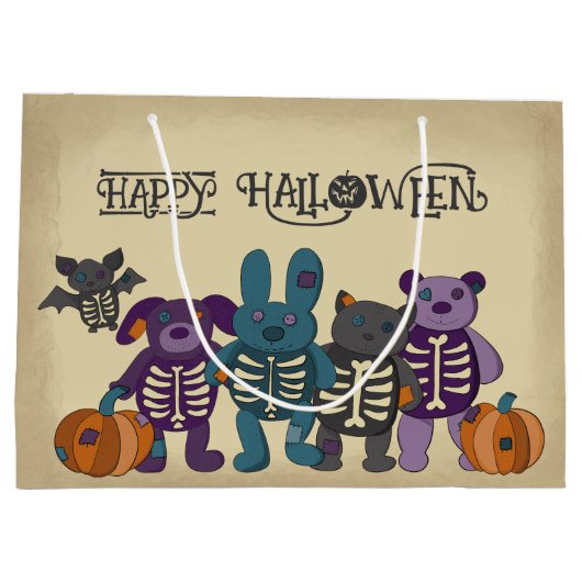 かわいいスケルトン動物とカボチャのハロウィーン ラージペーパーバッグ (裏面)
