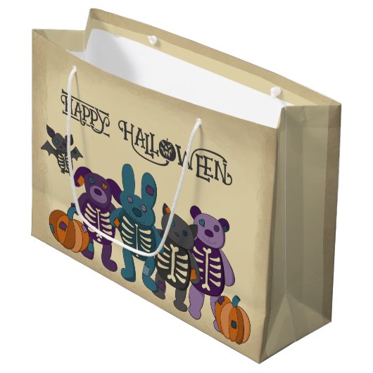 かわいいスケルトン動物とカボチャのハロウィーン ラージペーパーバッグ (正面アングル)