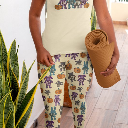 かわいいスケルトン動物とカボチャのハロウィーン レギンス