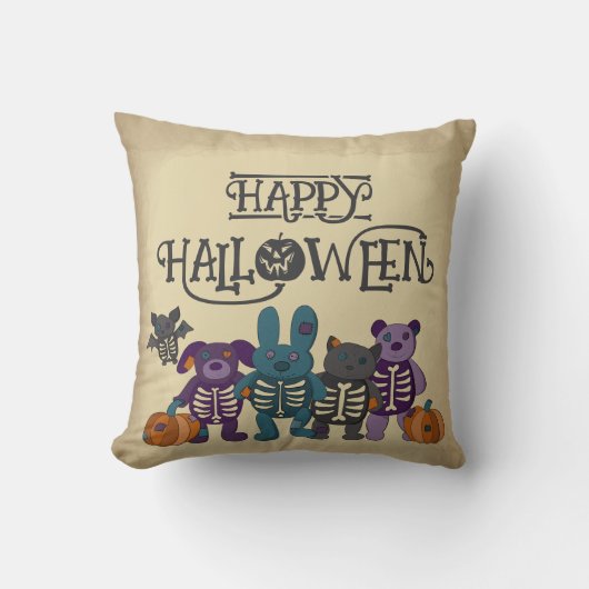 かわいいスケルトン動物とカボチャハローウィンパーティ クッション (正面)