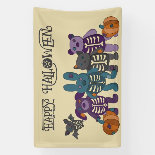 かわいいスケルトン動物とカボチャハローウィンパーティ 横断幕 (縦)