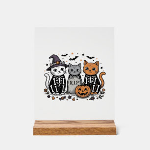 かわいいスケルトン猫のハロウィーン ビンテージ風 彫刻Tシャツ アクリルサイン