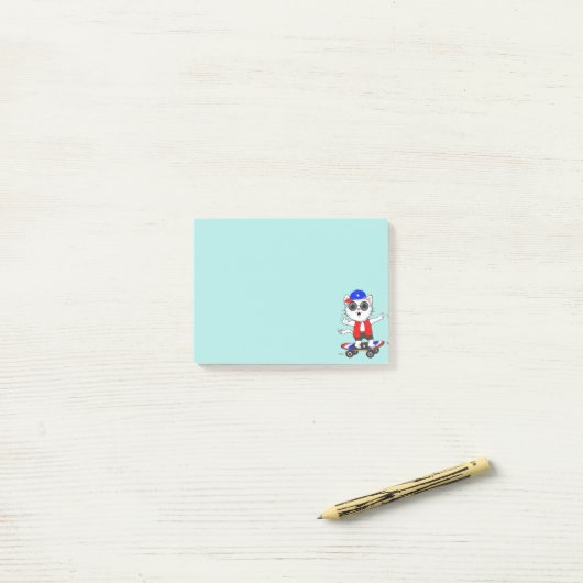 かわいいスケーター猫オンライトティール(緑がかった色)ブルーポストイットノート ポストイット (デスク上)