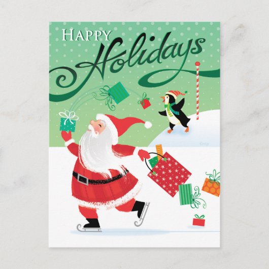 かわいいスケートで滑るサンタの幸せな休日の郵便はがき シーズンポストカード (正面)
