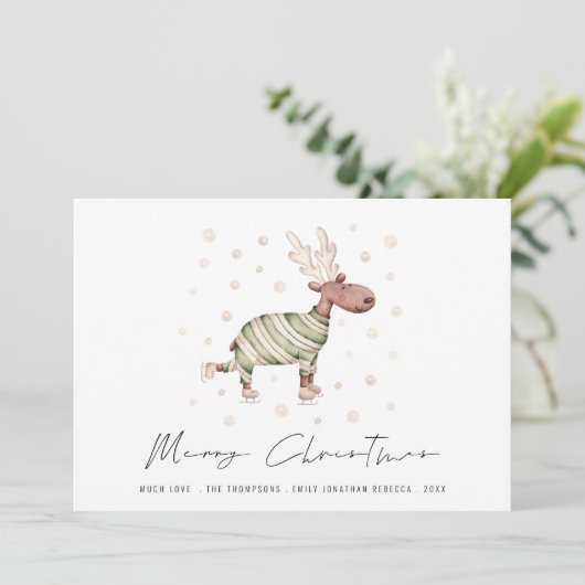 かわいいスケートで滑るトナカイのメリークリスマス シーズンカード (スタンド正面)