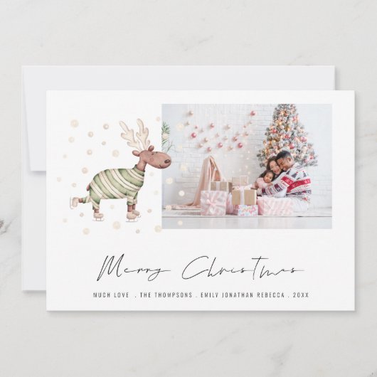 かわいいスケートで滑るトナカイ写真メリークリスマス シーズンカード (正面)