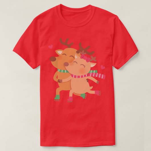 かわいいスケートで滑るトナカイ夫婦 Tシャツ (デザイン正面)