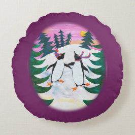 かわいいスケートで滑るペンギン雪景色おもしろい丸い枕 ラウンドクッション