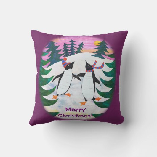 かわいいスケートで滑るペンギン雪景色おもしろい枕 クッション (裏面)