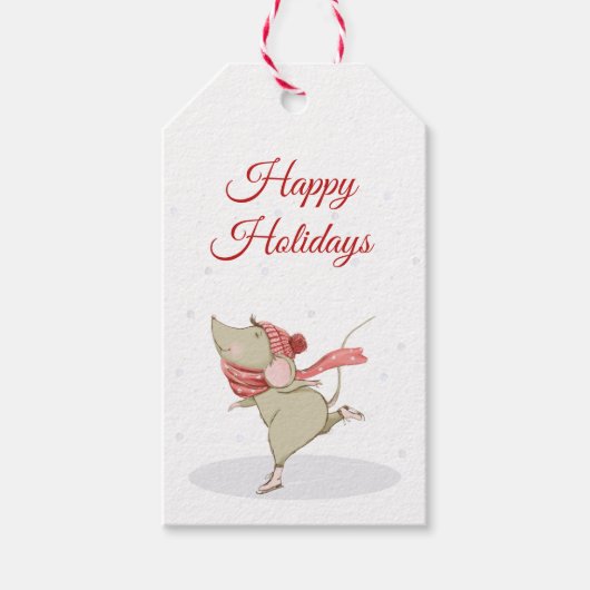かわいいスケートで滑るマウスクリスマス ギフトタグ (正面)