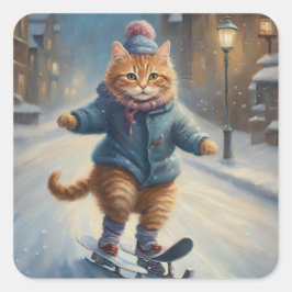 かわいいスケートで滑るムオウィクリスマス猫好き スクエアシール
