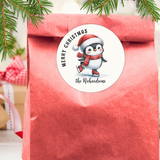 かわいいスケートをするペンギンのカスタムクリスマスカード ラウンドシール
