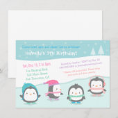かわいいスケートペンギンの誕生日パーティー招待状 招待状 (正面/裏面)
