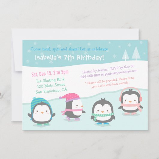 かわいいスケートペンギンの誕生日パーティー招待状 招待状 (正面)