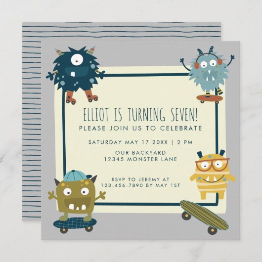 かわいいスケートボードモンスターズ誕生日ボーイ第7パーティー 招待状 (正面/裏面)