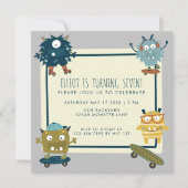 かわいいスケートボードモンスター 誕生日少年 7歳のパーティー 招待状 (正面)