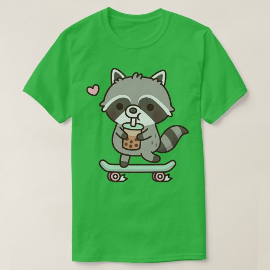 かわいいスケートボードラクーン飲むボバティー Tシャツ (デザイン正面)