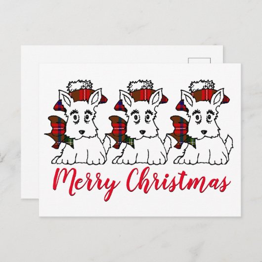 かわいいスコッティーズが格子柄の帽子と弓 ポストカード (正面/裏面)