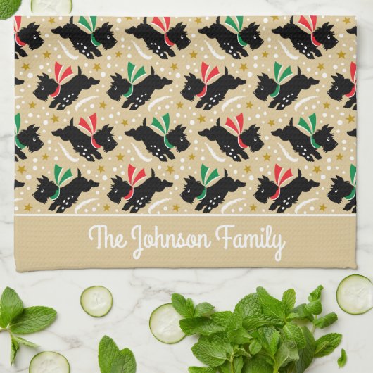 かわいいスコットランド犬ファミリー名雪おもしろいパターン金ゴールド キッチンタオル (折り畳み)