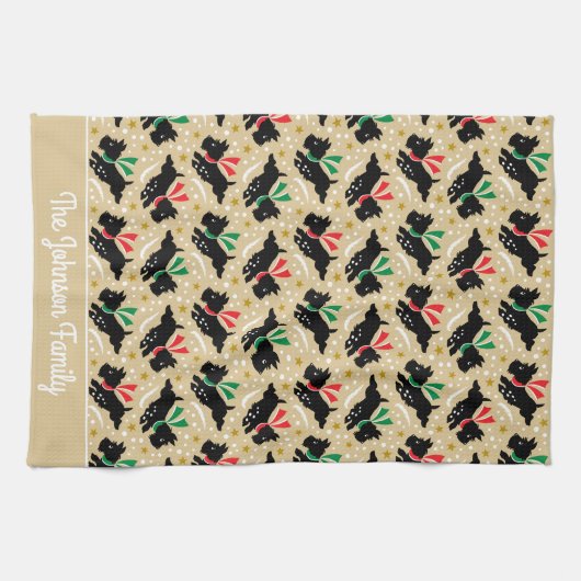 かわいいスコットランド犬ファミリー名雪おもしろいパターン金ゴールド キッチンタオル (横)