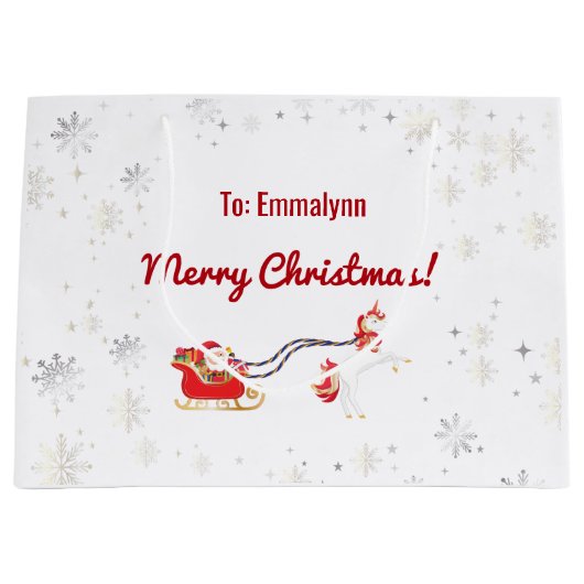 かわいいスタイリッシュユニコーンモダンサンタスノーネームクリスマス ラージペーパーバッグ (正面)