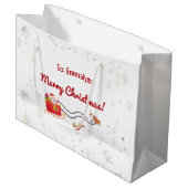 かわいいスタイリッシュユニコーンモダンサンタスノーネームスクリプト ラージペーパーバッグ (正面アングル)