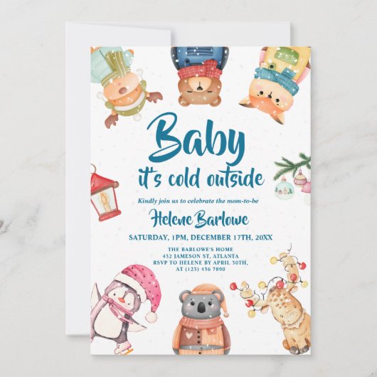 かわいいスタイリッシュ冬の森の動物の赤ちゃんシャワー 招待状 (正面)