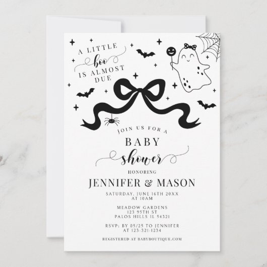 かわいいスタイリッシュ小さなブー幽霊ボウベビーガールシャワー 招待状 (正面)