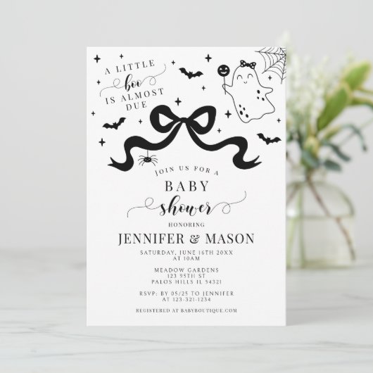 かわいいスタイリッシュ小さなブー幽霊ボウベビーガールシャワー 招待状 (スタンド正面)