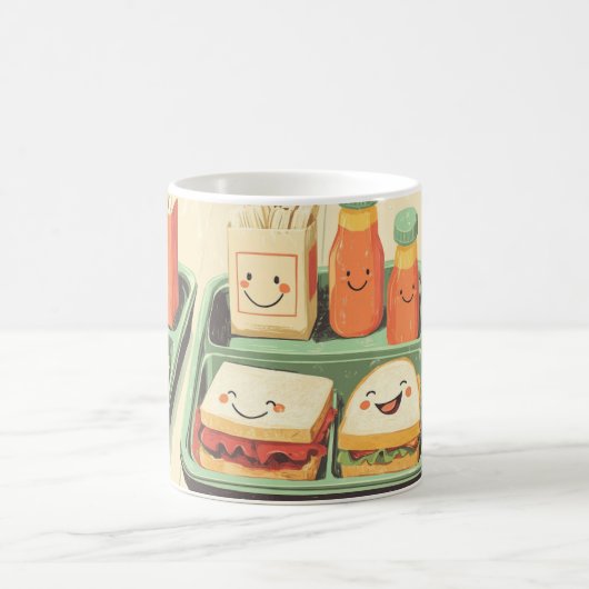 かわいいスタイルで描かれた給食トレイ コーヒーマグカップ (中央)