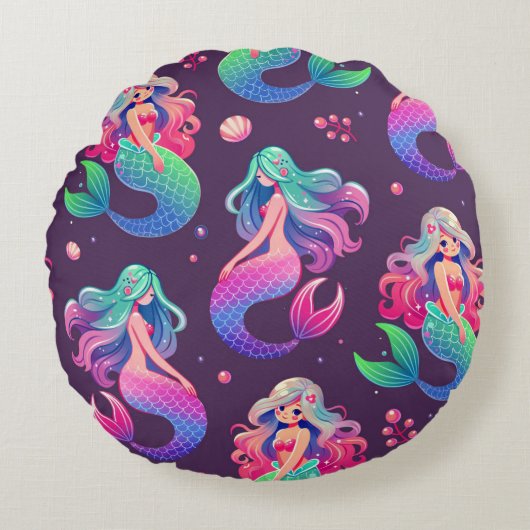 かわいいスタイルメルメイドシームレスパープル ラウンドクッション (正面)